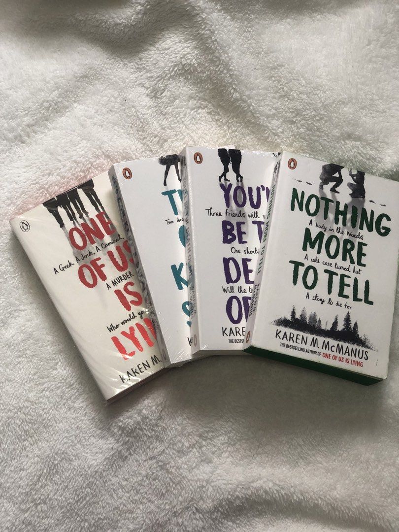 karen mcmanus set ❤️ (Category: Storybooks) located in Cavite. Submitted by miathepuhrse (Listing ID 1466138471, Image 1). Description: two can keep a secret & you'll be the death of me - bn sealed 💝 one of us is lying & nothing more to tell - one crease, preloved, good condition 🤍 gcash | jnt | cavite.