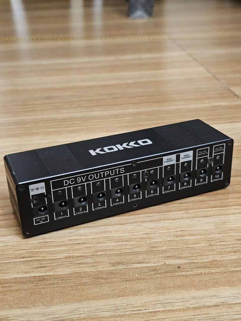 Kokko 10-Output Pedal Power Supply (with Cable Bundle) (Category: Musical Instruments) located in Manila. Submitted by awadennver (Listing ID 1466035693, Image 1). Description: ₱500 📍 Tagaytay City/Cavite (Pickup or Lalamove at buyer's expense) • 3 DC power cables, 8 cable ties & 2 patch cables included for free • Condition: Barely used/Like new, 100% fully functional. • 10 Outputs: 8x 9V, 1x 12V, 1x 18V with short-circuit protection. • Note: No