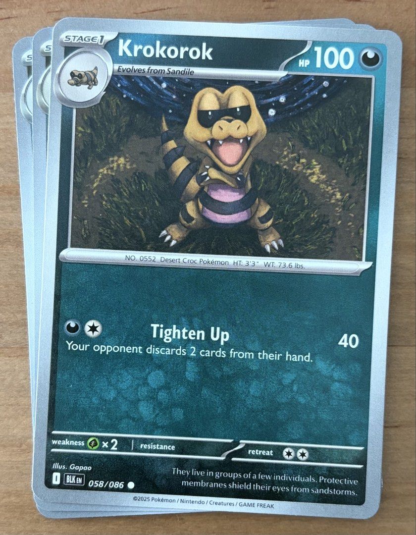 Krokorok | Pokemon Cards ~ Black Bolt (Category: Raw Singles) located in Makati City. Submitted by cardlab (Listing ID 1465979586, Image 1). Description: Items are 💯 authentic/original/legit. About The Card: •Language: EN • Number: 058/086 • Common • Normal FOR: • Cards ₱99 and below with Card Sleeves • Cards ₱100 and up with Card Sleeves and Used Toploader • ₱10 for Bnew Tops Packaging (If Shipping): ✔️ Plastic cover ✔️ Cardboard ✔️ Bubble wrap