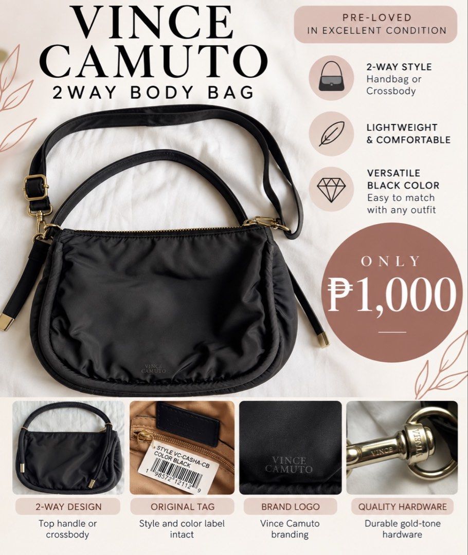 L6 Authentic Vince Camuto Black Shoulder Bag (Category: Shoulder Bags) located in Taguig. Submitted by _annaq_ (Listing ID 1439320688, Image 1). Description: - Black color - Gold zipper and hardware - Black strap - Padded design - Fabric-lined interior with Vince Camuto logo For everyone’s fairness and transparency, kindly read Seller's Policy first before making an offer. 😊 1. Please make sure that the product description, condition, reservatio
