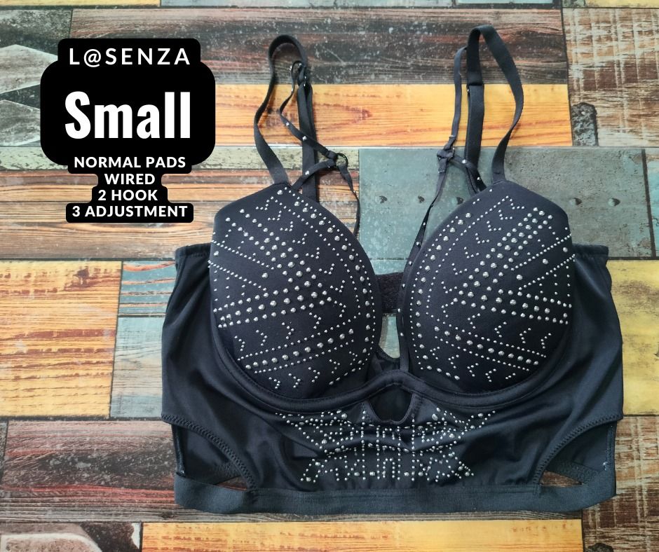 La Senza Black Studded Bralette (Category: Undergarments & Loungewear) located in Manila. Submitted by siashop. (Listing ID 1465991092, Image 1). Description: - Brand: La Senza - Color: Black - Size: Small - Design: Wired with normal pads and edgy silver stud embellishments - Closure: Two-hook closure with three back adjustments - Straps: Adjustable with versatile multi-way back design.