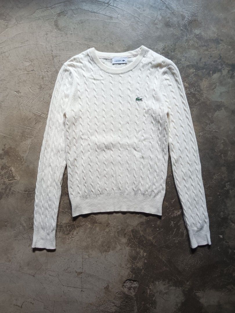 Lacoste wool crew neck cable knit sweater-small (Category: Longsleeves) located in Davao. Submitted by hisdef (Listing ID 1465980261, Image 2). Description: Lacoste wool crew neck cable knit sweater Condition- like new issue- none size on tag- 34 Dimensions in inches width-14.5 length-22 shoulder-13.5 sleeve-24.