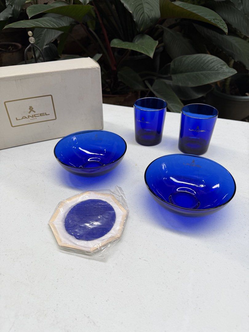 Lancel glass & cereal bowl (Category: Dinnerware & Cutlery) located in Davao. Submitted by parteawares2 (Listing ID 1466036968, Image 1). Description: Two pieces lancel blue glasses with two pieces cereal bowl and two pieces coasters .