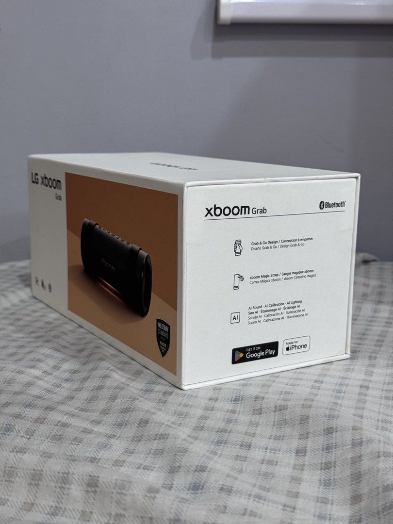 LG xboom Grab bluetooth speaker (Category: Soundbars, Speakers & Amplifiers) located in Manila. Submitted by altabl123 (Listing ID 1465973822, Image 2). Description: - Brand new & factory-sealed: 100% unopened and pristine condition - Collab with will.i.am: Stylish grab-and-go design featuring the convenient XBOOM Magic Strap - Smart tech built-in: AI Sound, AI Calibration, and dynamic AI Lighting - Built tough: Passed military standard tests for
