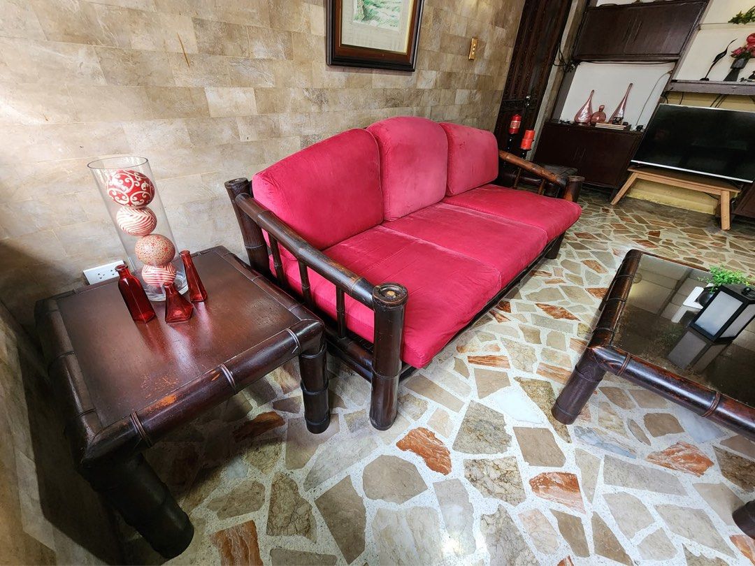 Living Room Sofa Set with Center and Side Tables (Category: Sofas) located in Manila. Submitted by nicsisidro (Listing ID 1466044543, Image 1). Description: Complete customized living room sofa set: 1 big couch (6-seater) 2 smaller couches (1-2 seater) 2 side tables 1 center table Includes cushions and free 2 sets of pillowcase Material: Bamboo Price negotiable SF/pick-up c/o buyer Location: near UST Manila .