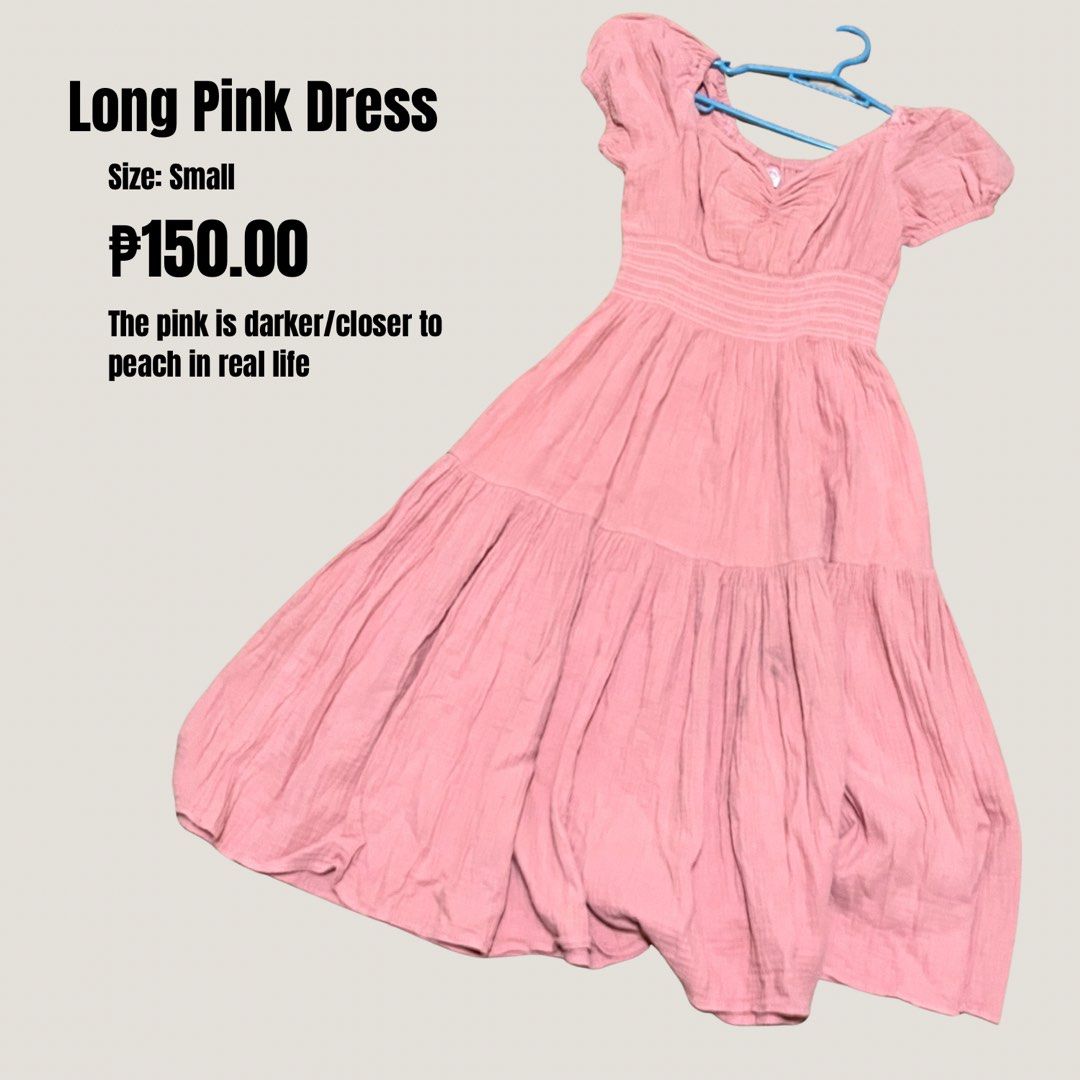 Long Pink Dress Size Small (Category: Dresses) located in Quezon City. Submitted by declutter_mythings (Listing ID 1466147613, Image 1). Description: - Size: Small - Color: Pink (Note: slightly darker or closer to peach in real life than in photos) - Design: Long tiered skirt - Neckline: Sweetheart neckline - Sleeves: Puff sleeves - Waist: Comfortable smocked waistband - Perfect for: Casual days, brunch, or dates! RFS: Need funds. MOP: Gcash / MA