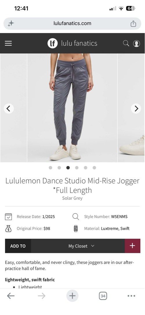 Lululemon Dance Studio Mid-Rise Jogger *Full Length (Category: Activewear) located in Quezon City. Submitted by minethenyours18 (Listing ID 1465991420, Image 2). Description: - Color: Dark Grey - Style: Jogger pants with subtle vertical ribbing - Waistband: Elastic with matching drawstring closure - Pockets: Large front patch pockets on both sides - Details: Ribbed knit panels with gathered ruching on outer legs - Hems: Fitted ribbed cuffs - Cond