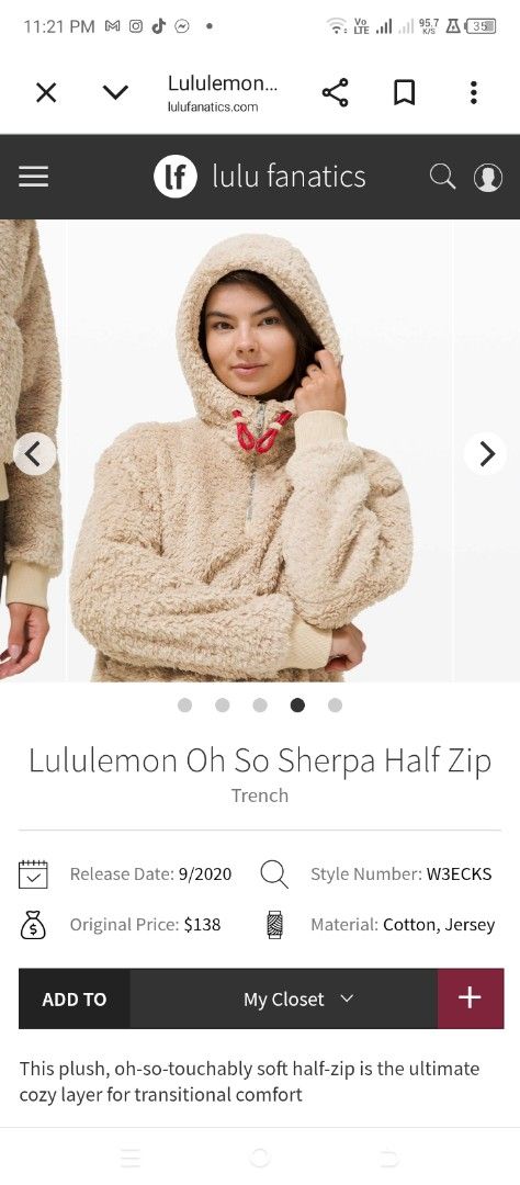 Lululemon Oh So Sherpa Half Zip (Category: Coats, Jackets and Outerwear) located in Cabuyao City. Submitted by khode025 (Listing ID 1466052231, Image 3). Description: Lululemon Oh So Sherpa Half Zip dot 4 width:20.5 length: 20 boxy fit excellent used condition 1280 Only.