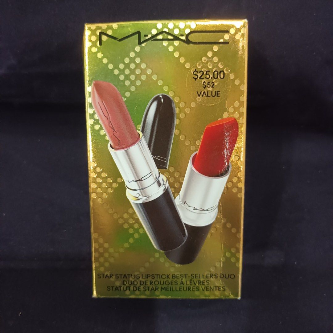MAC Star Status Lipstick Best-Sellers Duo (Category: Makeup) located in Manila. Submitted by happyfinds_shop (Listing ID 1466094488, Image 1). Description: ★ Value for money. Originally 52$ ★. Deck your lips in luxury with this giftable, full-sized, best-selling lip duo perfect for your most grandiose holiday festivities. Features Retro Matte Lipstick in Ruby Woo paired with Lustreglass Sheer-Shine Lipstick..