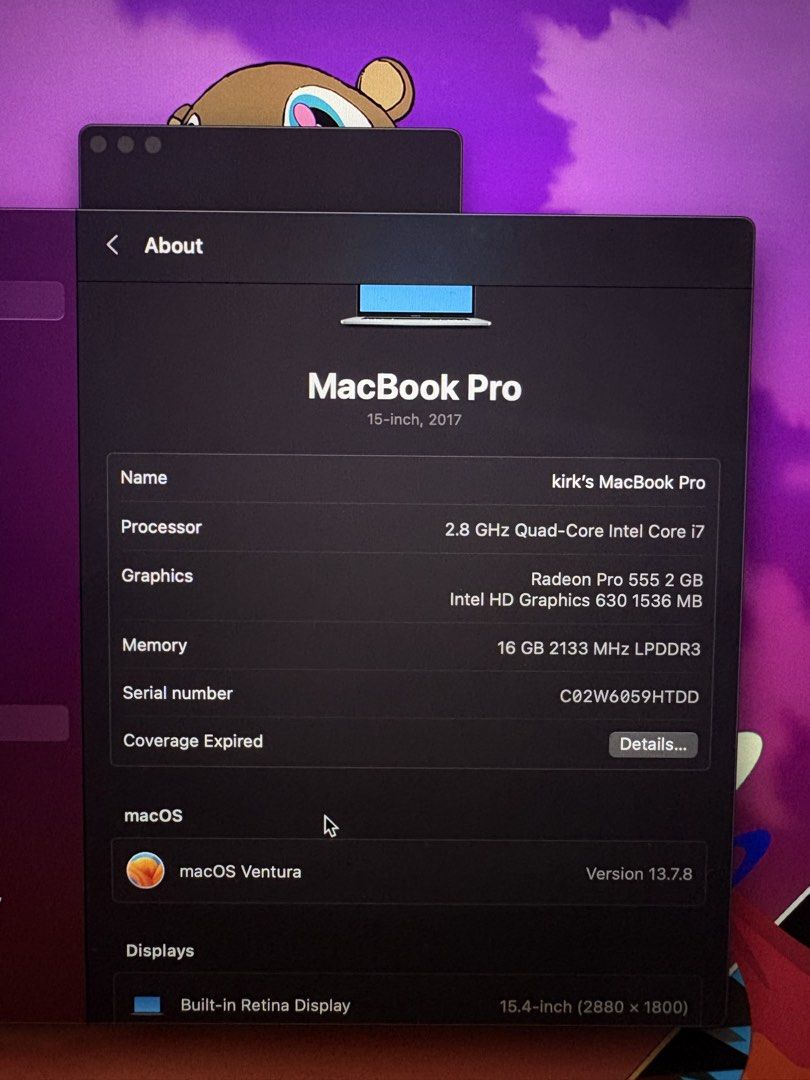 Macbook Pro 2017 Touch bar (Category: Laptops & Notebooks) located in Manila. Submitted by saintkirrkkk (Listing ID 1466108229, Image 3). Description: macbook pro 2017 with touch bar lightly used honest issues: small dents only & stain .