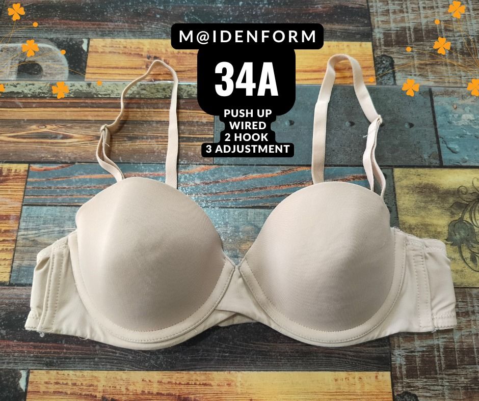 Maidenform Push Up Wired Bra Size 34A (Category: Undergarments & Loungewear) located in Manila. Submitted by siashop. (Listing ID 1465992101, Image 1). Description: - Brand/Style: Maidenform Push-Up Bra - Size: 34A - Color: Nude - Support: Underwire for a lifted, flattering shape - Fit: Adjustable straps & double hook-and-eye closure with 3 rows - Finish: Seamless look under clothes - Condition: Clean, well-kept, and ready to wear.