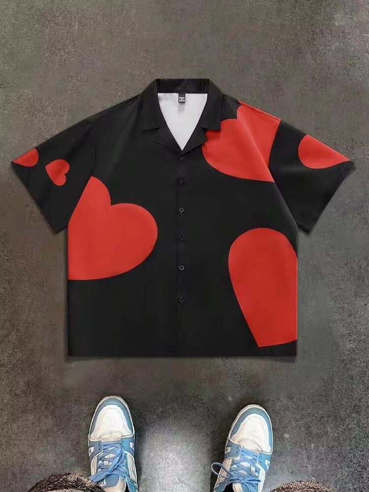 MANFINITY Heart Print Oversized Button Down Polo (Category: Tshirts & Polo Shirts ) located in Las Pinas. Submitted by sellerkjb (Listing ID 1465954132, Image 1). Description: BRAND NEW SMALL ON TAG OVERSIZED 25 x 28 inches LAS PINAS CITY.