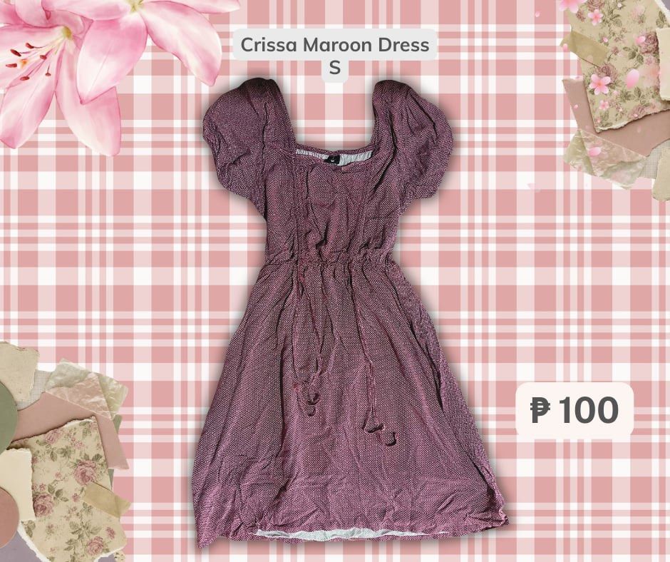 Maroon patterned puff sleeve square neck dress (Category: Dresses) located in Rizal. Submitted by pikaapikadclttr (Listing ID 1463735177, Image 1). Description: - Cute maroon dress with a subtle geometric pattern. - Features stylish puff sleeves and a flattering square neckline with a tie detail. - Comfortable elasticated waist for a perfect fit. - Practical pockets included! - Versatile for casual outings or dressing up..