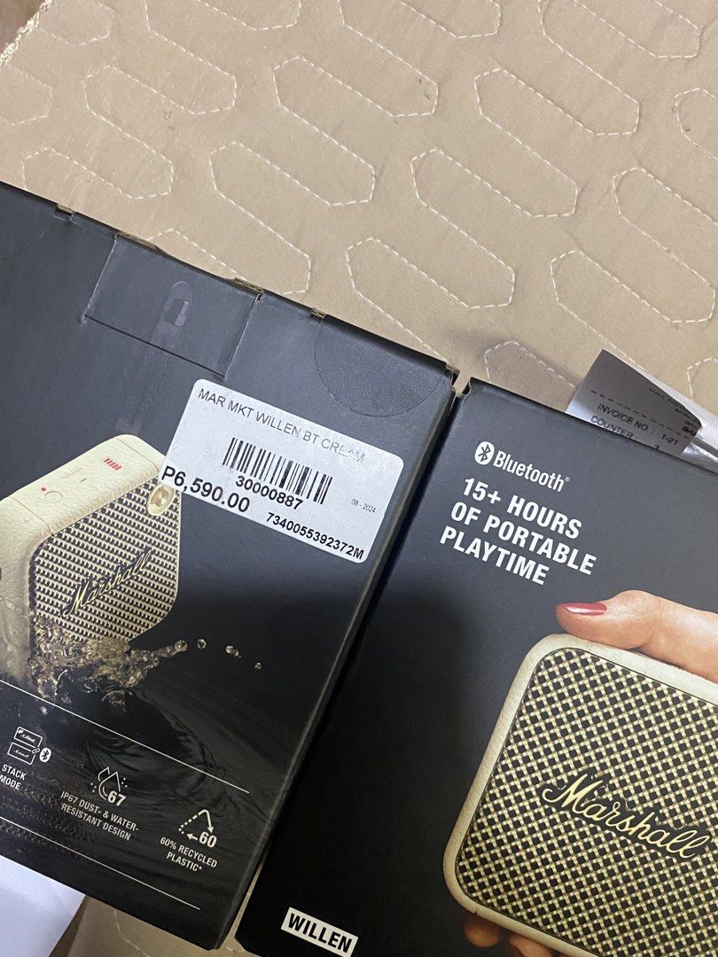Marshall Willen BT Cream Portable Bluetooth Speaker (Category: Soundbars, Speakers & Amplifiers) located in Mandaluyong City. Submitted by beccaaaaw (Listing ID 1466130114, Image 2). Description: - 100% Brand New & Factory Sealed in Original Packaging - Color: Classic Cream - 15+ Hours of Portable Playtime on a Single Charge - IP67 Dust and Water Resistant for Outdoor Use - Compact and Rugged Build with Stack Mode Feature - Wireless Bluetooth Con