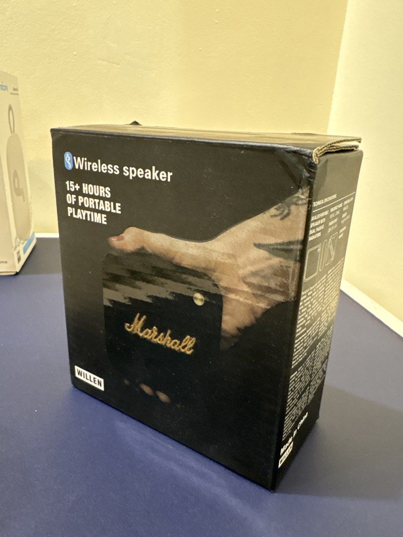 Marshall Willen Portable Wireless Speaker (Category: Soundbars, Speakers & Amplifiers) located in Manila. Submitted by dobronxsglazer (Listing ID 1466047459, Image 1). Description: - Authentic Marshall Willen portable wireless speaker - Iconic black and brass design with signature sound - IP67 dust and water-resistant for outdoor use - 15+ hours of playtime on a single charge - Built-in microphone for convenient hands-free calls - Complete with o