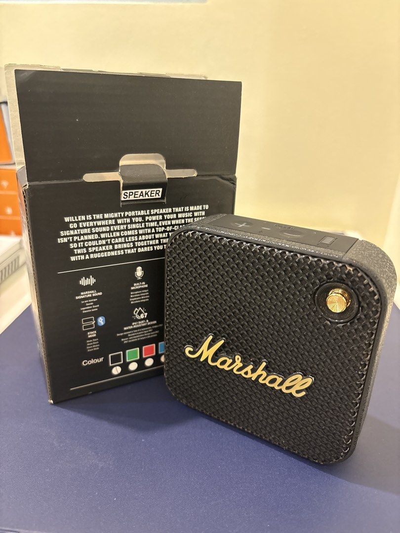 Marshall Willen Portable Wireless Speaker (Category: Soundbars, Speakers & Amplifiers) located in Manila. Submitted by dobronxsglazer (Listing ID 1466047459, Image 3). Description: - Authentic Marshall Willen portable wireless speaker - Iconic black and brass design with signature sound - IP67 dust and water-resistant for outdoor use - 15+ hours of playtime on a single charge - Built-in microphone for convenient hands-free calls - Complete with o