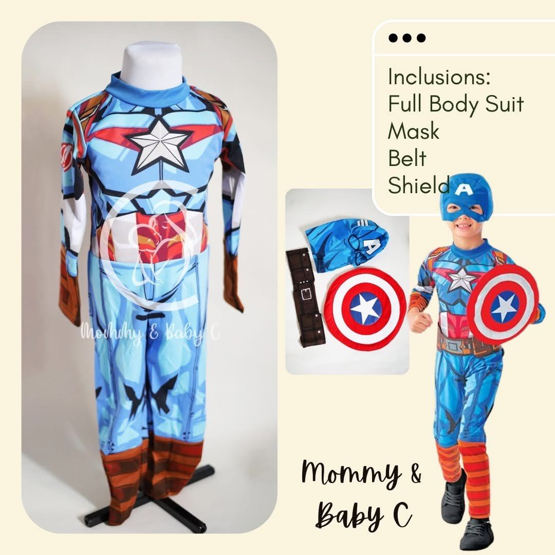 Marvel Avengers Captain America Costume (Category: Babies & Kids Fashion) located in Navotas City. Submitted by mommybabyc (Listing ID 1465875509, Image 2). Description: - Brand new, sealed in original plastic packaging with hanger - Size: Small - Design: Captain America graphics on the front - Packaging features: Thor, Iron Man, and Hulk imagery - Official Win-Ol Business Ventures Inc branding - Perfect gift or costume for young Avengers fans.