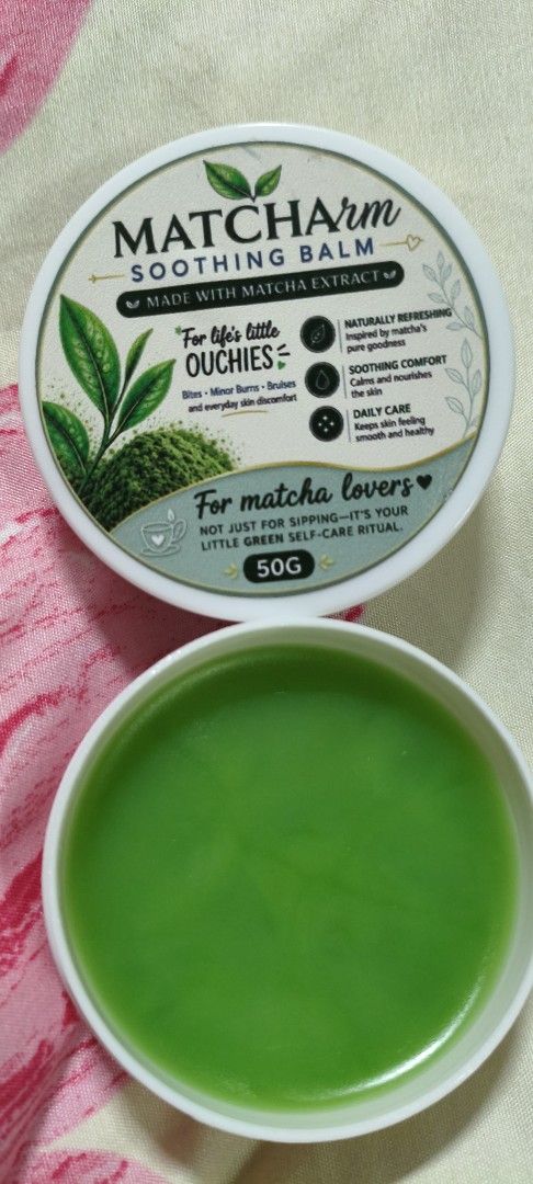 Matcharm Soothing Balm Matcha Extract 50G (Category: Body Care) located in Quezon City. Submitted by gemaicloset (Listing ID 1466069328, Image 1). Description: - Product: Matcharm Soothing Balm with Matcha Extract - Size: 50g tub - Texture & Color: Bright green balm - Scent: Fresh and soothing - Uses: Relief for small bites, minor burns, bruises, and everyday skin discomfort - Condition: Full tub, opened just to check the product Open for Bulk Or