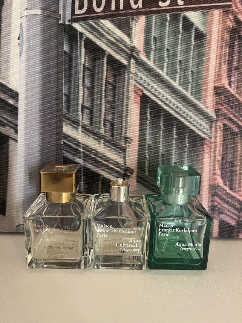 Mfk Aqua Media Cologne (Category: Fragrance & Deodorants) located in Angeles City. Submitted by closety.ph (Listing ID 1465970526, Image 1). Description: •100% Authentic/Original • Bundle for 3 • Aqua Vitae/ Aqua Universalis witdout cap/Aqua Media Please feel free to send a private message for more details, queries, and close up pictures 💌 We ship out through J&T! 🚚.