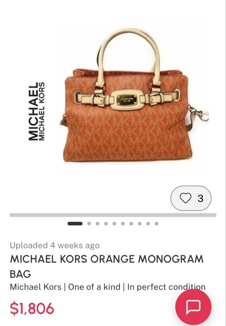 MICHAEL KORS ORANGE MONOGRAM CROSSBODY /SHOULDER BAG (Category: Cross-body Bags) located in General Mariano Alvarez. Submitted by adonid (Listing ID 1466027158, Image 2). Description: MICHAEL KORS ORANGE MONOGRAM CROSSBODY /SHOULDER BAG GOOD CONDITION NORMAL SIGN OF USAGE ONLY.