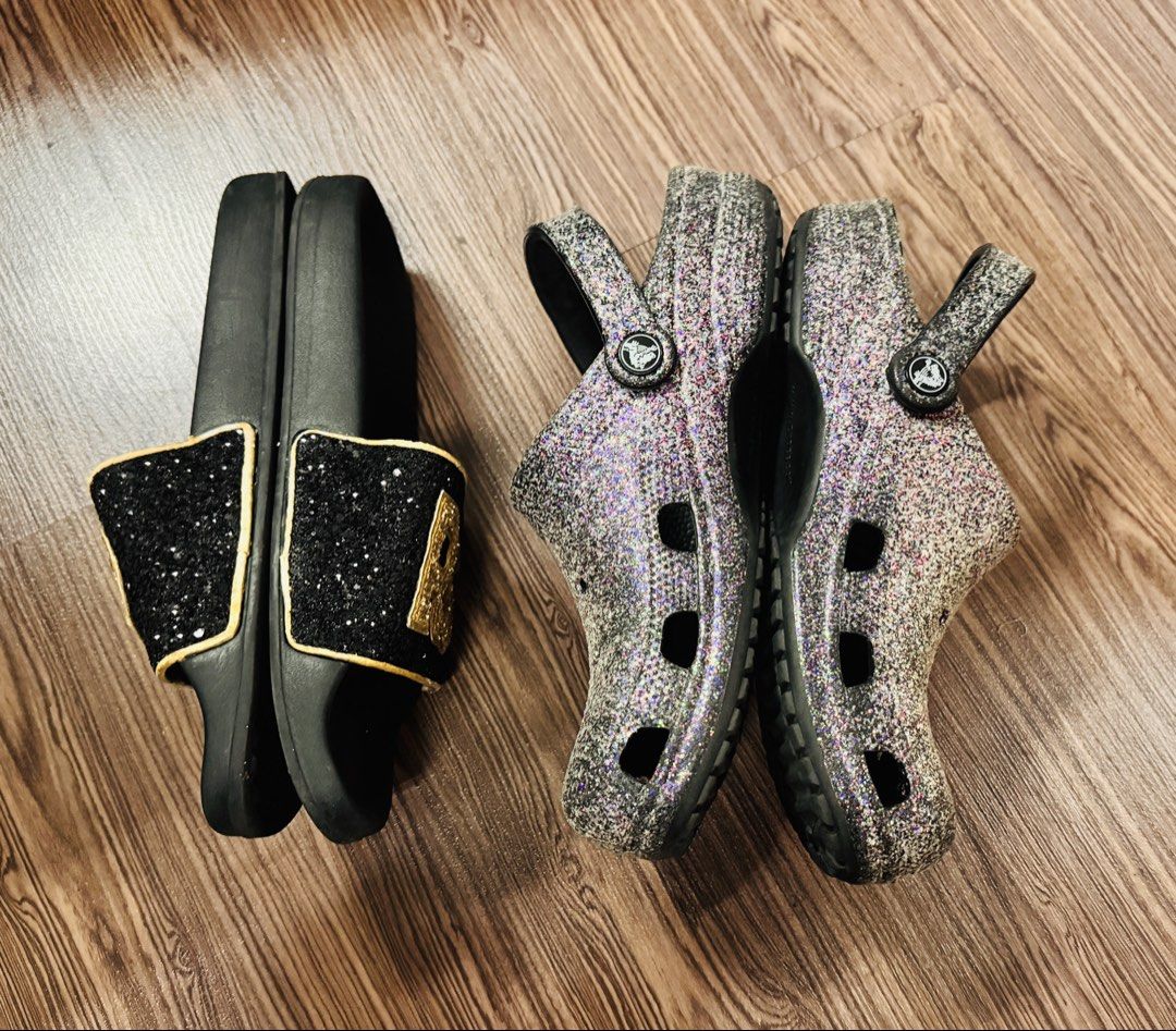 Michael Kors Slides and Glitter Crocs Bundle (Category: Flats & Sandals) located in Quezon City. Submitted by rhonadc (Listing ID 1465954313, Image 2). Description: Size W9 - Bundle deal: 2 pairs of easy slip-on shoes for your daily rotation - Pair 1: Michael Kors black slides featuring stylish gold glitter lettering across the strap - Pair 2: Grey glitter clogs equipped with secure heel straps and breathable ventilation holes - Condition: Normal