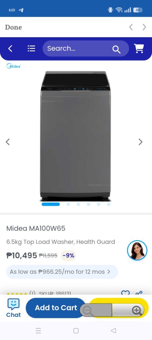 Midea Automatic Washing Machine (Category: Washing Machines and Dryers) located in Manila. Submitted by msyhue11_ (Listing ID 1466001670, Image 1). Description: - Model: Midea MA100W65 - Capacity: 6.5kg top load Naunbox lng pero di pa nagagamit. May box pa sya .