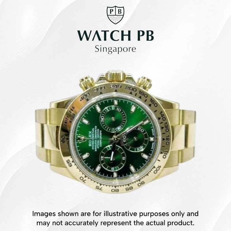 Mint 2017/05 Rolex Daytona Yellow Gold "John Mayer" - 116508 Green Dial PC2155 (Category: Watches) located in Singapore. Submitted by watch_playboy (Listing ID 1466055919, Image 1). Description: Brand: Rolex Model: 116508 (PC2155) Condition: Mint Dial: Green Case Diameter: 40 mm Material: Yellow Gold Original box: Yes Original cert/papers: Yes Dated: 2017/05 Warranty: In-shop warranty 6 months from date of purchase In-Store Application for Innovs
