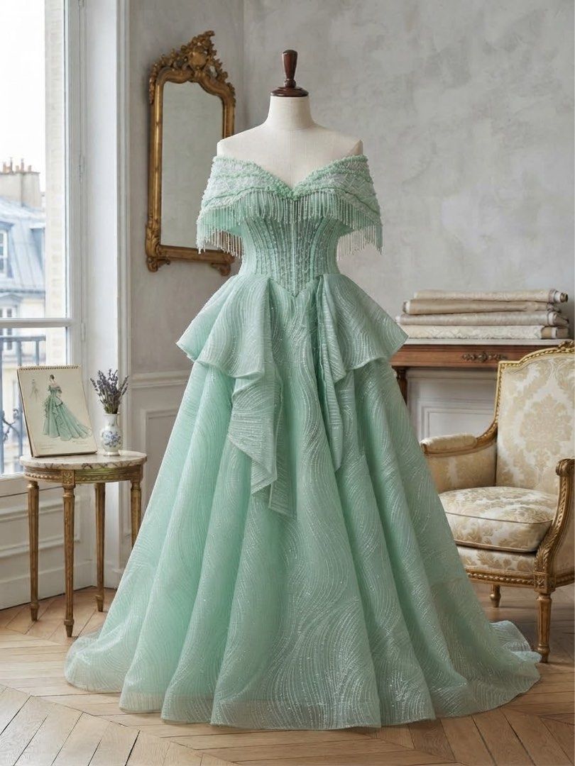 French style Mint green Ball gown (Category: Evening dresses & gowns) located in Cavite. Submitted by wishie_collects (Listing ID 1466021287, Image 1). Description: For sale Used Mint green ball gown Free ko na brand new petticoat For petite body frame Honest issue: Has minor flaws like missing beads hindi naman halata sa laylayan may sign of usage but when worn hindi naman na pansin, Free Brand New petticoat Design & Style: A stunning, floor-len