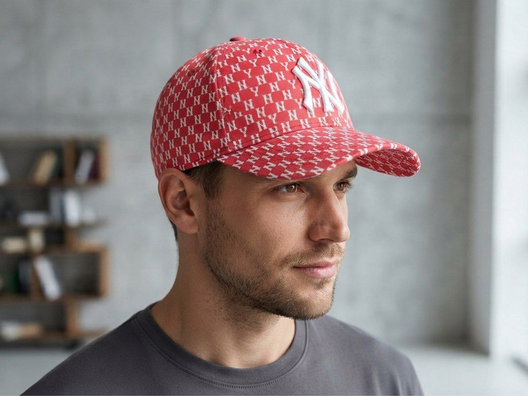 MLB New York Yankees Monogram Red Cap Hat (Category: Caps & Hats) located in Manila. Submitted by christian048 (Listing ID 1466091517, Image 1). Description: - Authentic red MLB New York Yankees baseball cap - Eye-catching all-over white NY monogram pattern with embroidered front logo - Adjustable strap with metal buckle closure for a custom fit - Clean interior sweatband with all original tags and lining intact - Versatile accessory, perfect for