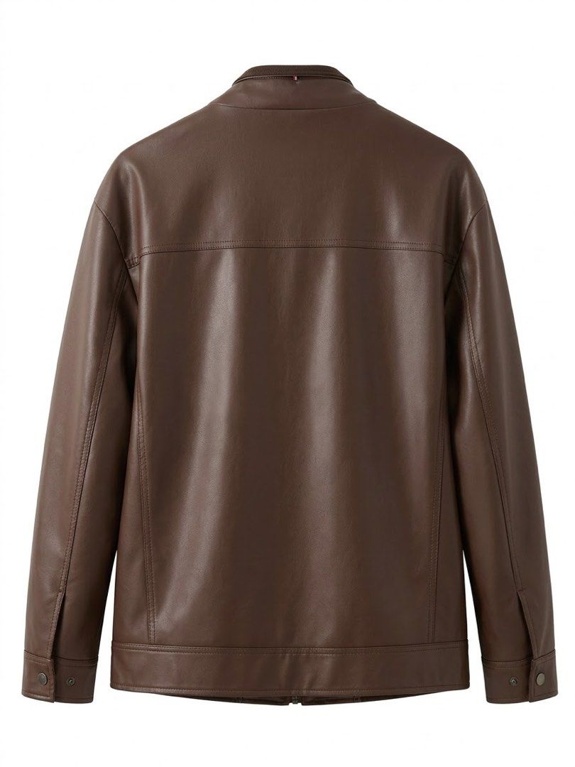 MODE ISM Brown Faux Leather Jacket (Category: Coats, Jackets and Outerwear) located in Las Pinas. Submitted by unwanted.treasures (Listing ID 1466046720, Image 2). Description: - Brand/Model: MODE ISM - Material: Brown faux leather with smooth satin lining - Closure & Collar: Full front zip with high ribbed knit collar - Pockets: Two front welt pockets with geometric stitching and chest flap details - Design: Clean back with horizontal yoke seam 