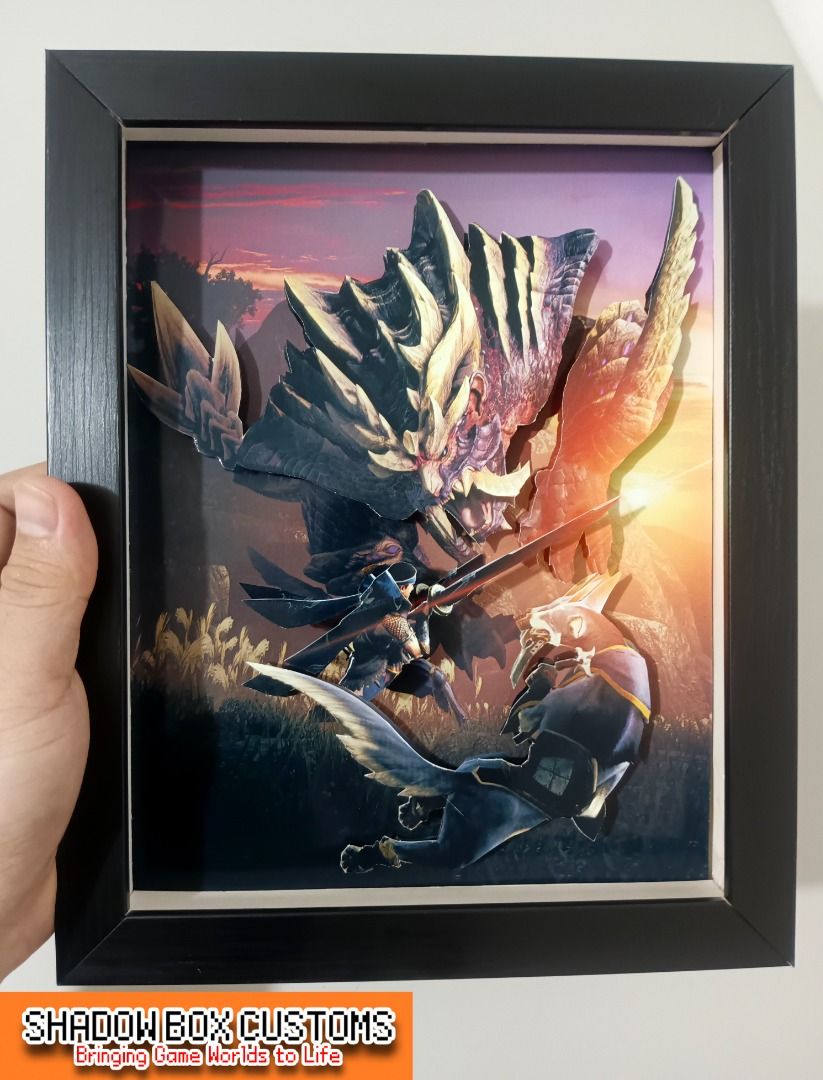Monster Hunter Rise Video Game Shadow Box (Category: Nintendo) located in Quezon City. Submitted by natzuki10 (Listing ID 1465977385, Image 1). Description: Monster Hunter Rise Video Game Shadow Box Height: 10 inches Width: 8 inches *Handmade Pixel Shadow Boxes *Accepting Customized Designs *Perfect for Gamers & Collectors #videogames #roomdecor #collection #gamer #gift.