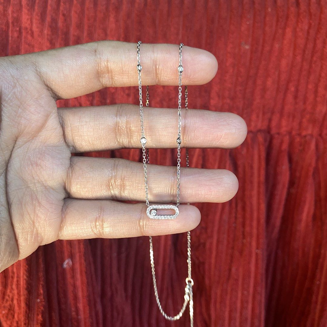 Move Pave Necklace (Category: Necklaces) located in Tiaong. Submitted by sourcedbyhannie (Listing ID 1466107493, Image 3). Description: 3.55g 18k wg With complete inclusions 0.2ct lab dias 16-18” Okay for layaway.