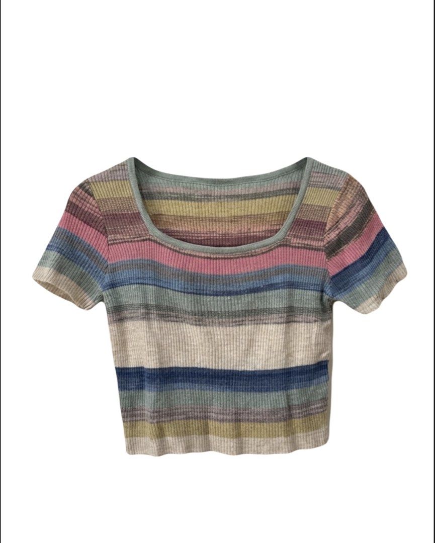 Multicolor Striped Scoop Neck Ribbed Crop Top (Category: Sleeveless) located in Legazpi City. Submitted by kikookikoo (Listing ID 1466018955, Image 1). Description: - Style: Cute multicolored striped crop top - Neckline & Sleeves: Scoop neck with short sleeves - Material: Stretchy, comfortable ribbed knit - Colors: Earthy tones with pops of pink and blue - Fit: True to size, great for daily wear - Pairing: Easy to match with high-waisted jeans or