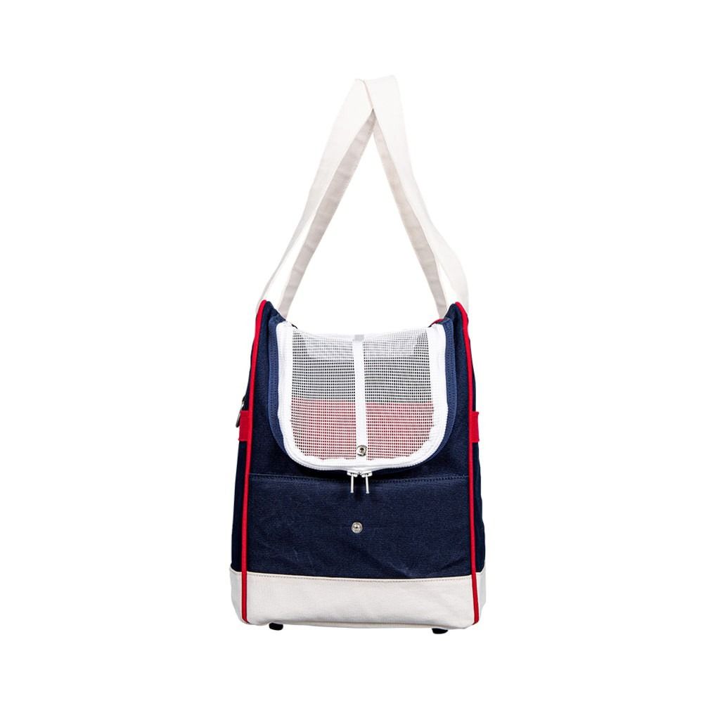 MUMMUR Sandy Dog Bag Cranberry (Category: Shoulder Bags) located in Caloocan City. Submitted by blau.pancake (Listing ID 1466040337, Image 3). Description: - Color: Navy blue with white and red accents - Material: Sturdy canvas with a supportive base - Comfort: Includes a matching red cushion inside - Ventilation: Top mesh flap for airflow - Security: Secure zipper closure and D-ring attachment - Details: Cream handles and custom branding embroid