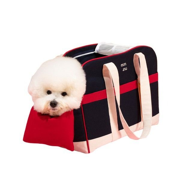 MUMMUR Sandy Dog Bag Cranberry (Category: Shoulder Bags) located in Caloocan City. Submitted by blau.pancake (Listing ID 1466040337, Image 1). Description: - Color: Navy blue with white and red accents - Material: Sturdy canvas with a supportive base - Comfort: Includes a matching red cushion inside - Ventilation: Top mesh flap for airflow - Security: Secure zipper closure and D-ring attachment - Details: Cream handles and custom branding embroid