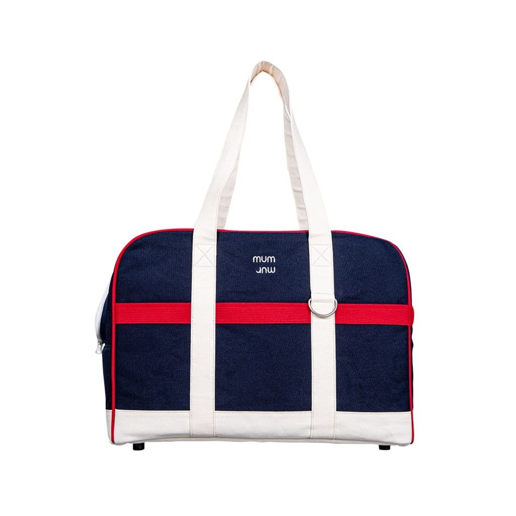 MUMMUR Sandy Dog Bag Cranberry (Category: Shoulder Bags) located in Caloocan City. Submitted by blau.pancake (Listing ID 1466040337, Image 2). Description: - Color: Navy blue with white and red accents - Material: Sturdy canvas with a supportive base - Comfort: Includes a matching red cushion inside - Ventilation: Top mesh flap for airflow - Security: Secure zipper closure and D-ring attachment - Details: Cream handles and custom branding embroid