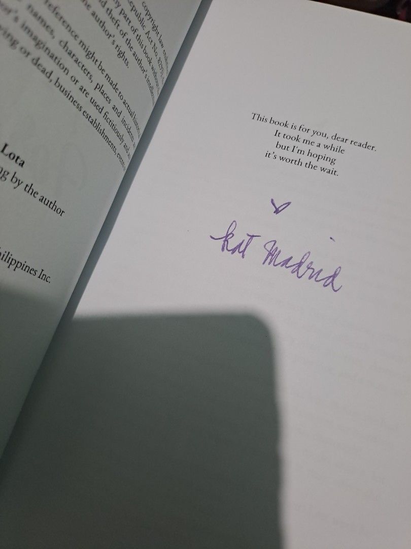 My Never, Forever by Kat Madrid signed copy (Category: Storybooks) located in Quezon City. Submitted by booksaremyimagination (Listing ID 1466043449, Image 2). Description: - Title & Author: Never, Forever by Kat Madrid - Format: Softcover paperback - Special Feature: Authentic author signature on the dedication page - Condition: Clean pages inside, great read - Perfect for: Romance book lovers and collectors.