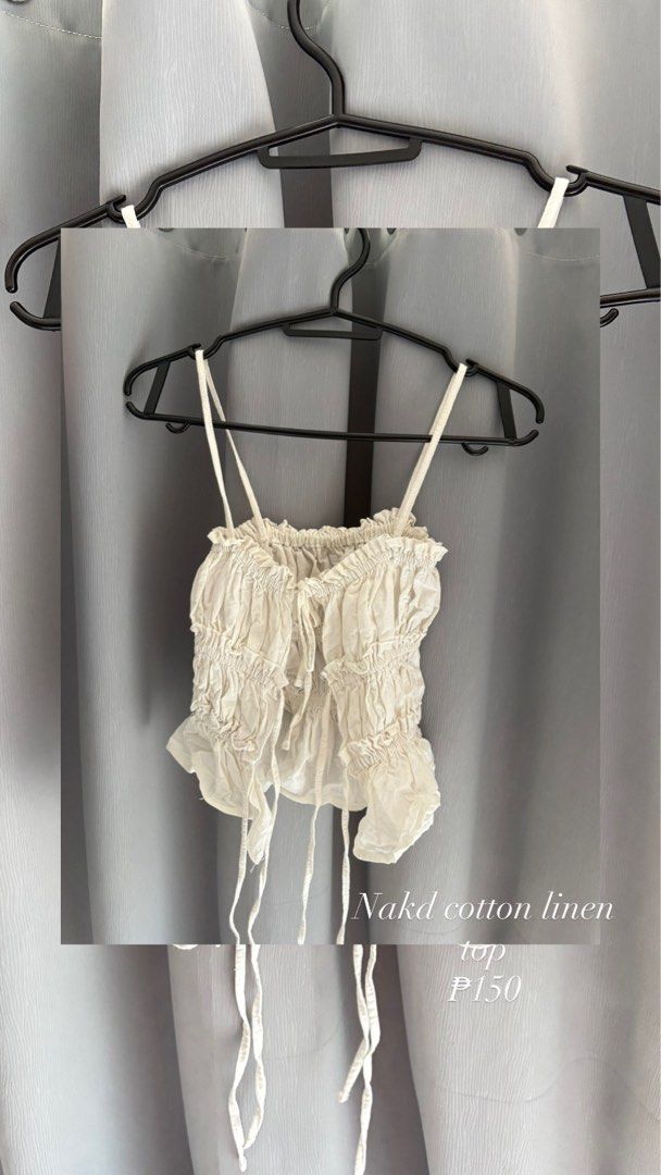 Nakd cotton linen top (Category: Sleeveless) located in Makati City. Submitted by jrnhnnh3047116 (Listing ID 1466024361, Image 1). Description: - Brand: NA-KD - Material: Lightweight cotton linen (great for warm days) - Design: Spaghetti straps, ruffled neckline, & smocked body - Detail: Long adjustable tie strings hanging from the hem - Fit: Small to medium frames.