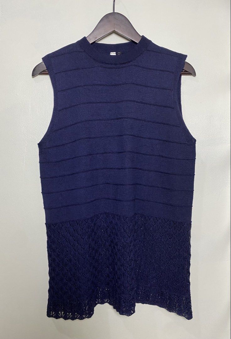 Navy knit sleeveless top (Category: Sleeveless) located in Makati City. Submitted by indaysukaycloset (Listing ID 1466026041, Image 1). Description: as-ideal NAVY KNIT SLEEVELESS TOP Brand: as-ideal Size: L on tag - Fits M-L Color: Navy Blue Details: - Material: Knit / Cotton knit - thick but presko, stretchy - Design: Horizontal ribbed pattern top, crochet / lace flared hem - Neckline: Round / Crew neck - Style: Sleeveless vest top - pang-layeri