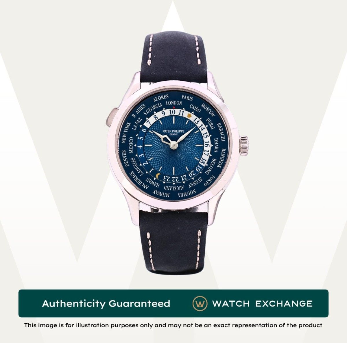 [New Old Stock] Patek Philippe World Time Leather 5230P-001 5230P PP Blue Dial Z29428 Nov 2022 (Category: Watches) located in Singapore. Submitted by watchexchange.sg (Listing ID 1466049663, Image 1). Description: [New Old Stock] Patek Philippe World Time Leather 5230P-001 5230P PP Blue Dial Z29428 Nov 2022 Price: $69,900 Brand: Patek Philippe Model: 5230P-001 Condition: New Old Stock Dial: Blue Case Diameter: 38.5mm Material: Platinum Original B