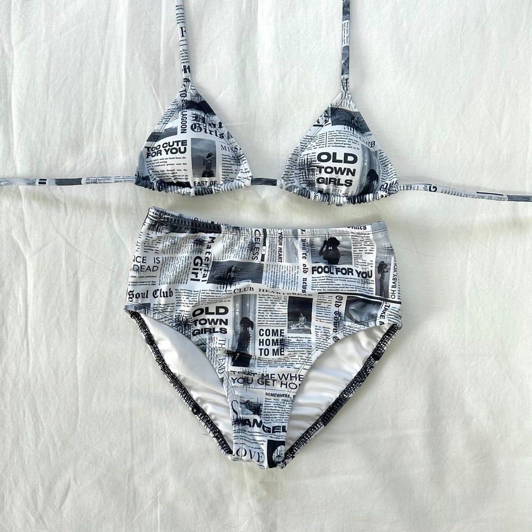 Newspaper Print Bikini Set (Category: Bikinis & Swimsuits) located in Santo Tomas. Submitted by preloved.jem (Listing ID 1466078592, Image 3). Description: - Style: Black and white newspaper print bikini set - Top: Adjustable triangle top with tie closures - Bottoms: Highwaist with classic coverage (see last photo for the actual) - Brand new and never used .