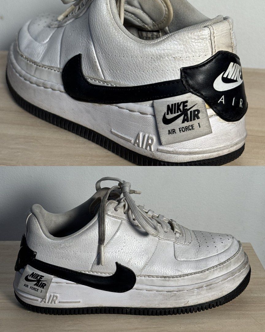 Nike Air Force 1 Jester XX White Black (Category: Sneakers) located in Pasig City. Submitted by meowstuff_ (Listing ID 1466072087, Image 2). Description: - Color: White with black swooshes and black rubber outsoles - Style: Chunky layered soles with signature heel tag and classic AF1 dubraes - Condition: Pre-loved with toe box creasing and midsole scuffs + signs of yellowing but can be cleaned - Perfect for daily casual wear - DM for inquiries an