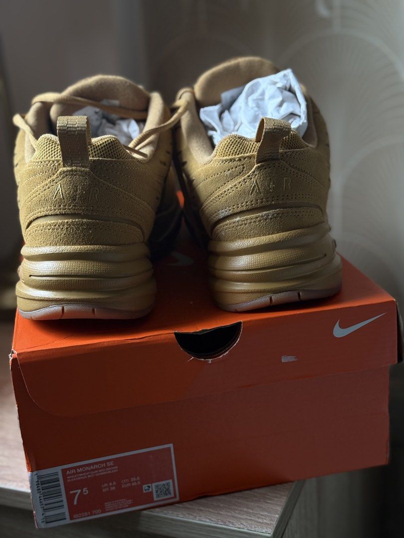 Nike Air Monarch SE Wheat Gum Medium Brown (Category: Sneakers) located in Angono. Submitted by declutterWithKaye (Listing ID 1466002212, Image 3). Description: - Brand: Nike Air Monarch SE - Colorway: Wheat Gum / Medium Brown Suede - Size: 7.5 US - Features: Full-length air cushioning and chunky dad shoe silhouette - Condition: Excellent, clean uppers and soles with minimal wear - Inclusions: Original orange Nike box and tissue paper.