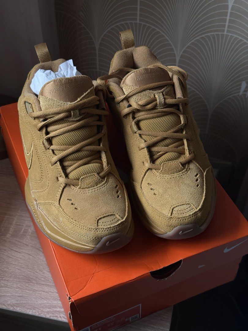 Nike Air Monarch SE Wheat Gum Medium Brown (Category: Sneakers) located in Angono. Submitted by declutterWithKaye (Listing ID 1466002212, Image 2). Description: - Brand: Nike Air Monarch SE - Colorway: Wheat Gum / Medium Brown Suede - Size: 7.5 US - Features: Full-length air cushioning and chunky dad shoe silhouette - Condition: Excellent, clean uppers and soles with minimal wear - Inclusions: Original orange Nike box and tissue paper.