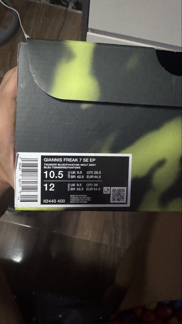 Nike Giannis Freak 7 SE EP Thunder Blue (Category: Sneakers) located in Manila. Submitted by klintrefu63290 (Listing ID 1466117980, Image 2). Description: - Item: Nike Giannis Freak 7 SE EP Basketball Shoes - Colorway: Thunder Blue / Phantom / Wolf Grey with geometric graphic upper and contrasting Swoosh - Size: Men's US 10.5 / Women's US 12 - Condition: Brand new, never worn, fresh out of packaging - Inclusion: Original box included.