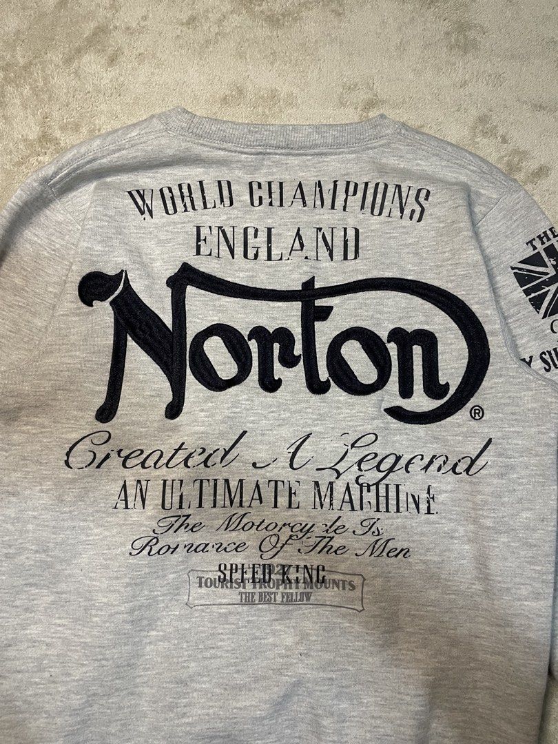 Norton Motorcycles crewneck sweatshirt (Category: Activewear) located in Bacoor. Submitted by southhustlaaaaa (Listing ID 1466114573, Image 3). Description: Norton Motorcycles crewneck sweatshirt size:small on tag length: 26 inches width: 19 inches issue:none❌ excellent condition .