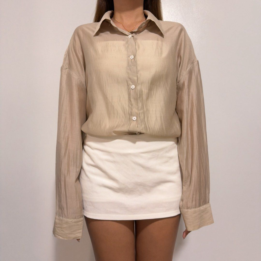 nude sheer button down (Category: Longsleeves) located in Cebu City. Submitted by cuteoncue (Listing ID 1466149380, Image 1). Description: large-xl (L on tag).