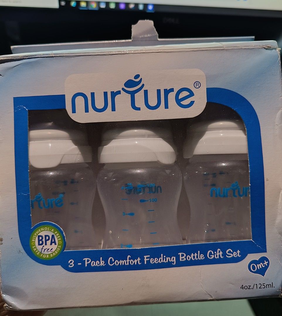 Nurture Feeding Bottle 3-Pack Set 4oz (Category: Breastfeeding & Bottle Feeding) located in Manila. Submitted by gracejem022_ (Listing ID 1466044792, Image 2). Description: - Brand new Feeding Bottle Set - Includes three 4oz bottles with anti-colic nipples designed to mimic a mother's breast - Made from high-quality, transparent plastic and silicone - 100% BPA-free, food-grade, and safe from harmful chemicals - Ideal for babies aged 0 months and 