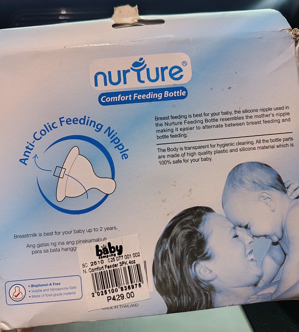 Nurture Feeding Bottle 3-Pack Set 4oz (Category: Breastfeeding & Bottle Feeding) located in Manila. Submitted by gracejem022_ (Listing ID 1466044792, Image 3). Description: - Brand new Feeding Bottle Set - Includes three 4oz bottles with anti-colic nipples designed to mimic a mother's breast - Made from high-quality, transparent plastic and silicone - 100% BPA-free, food-grade, and safe from harmful chemicals - Ideal for babies aged 0 months and 