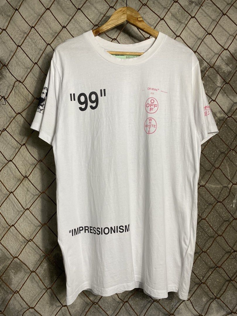 Off-White Impressionism 1999 White T-Shirt (Category: Shirts) located in Cabanatuan. Submitted by adrialesdrip (Listing ID 1466074551, Image 1). Description: - Brand: Off-White (Impressionism Collection) - Material: Clean white premium cotton - Design: Claude Monet artwork graphic print on the back - Front: Signature quotes and numbers on the chest - Sleeves: Black and white portrait, pink script text, and 1863 date - Authenticity Detail: Classic